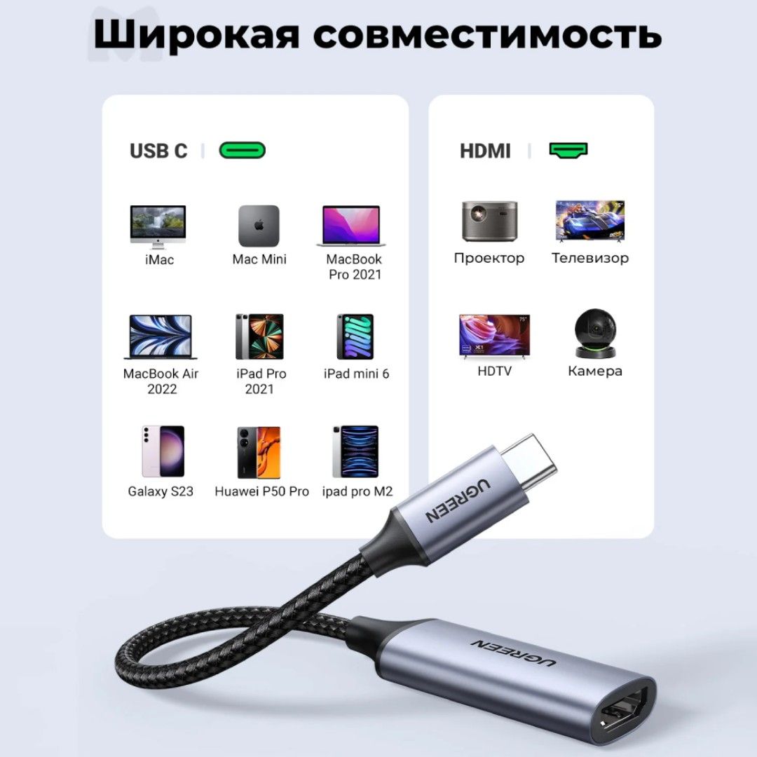 Сетевой адаптер-переходник Ugreen CM297 (70444), Type-C — HDMI, 4K, серый / Интерфейсные кабели №3 oe.kz Сетевой адаптер-переходник Ugreen CM297 (70444), Type-C — HDMI, 4K, серый / Интерфейсные кабели №3