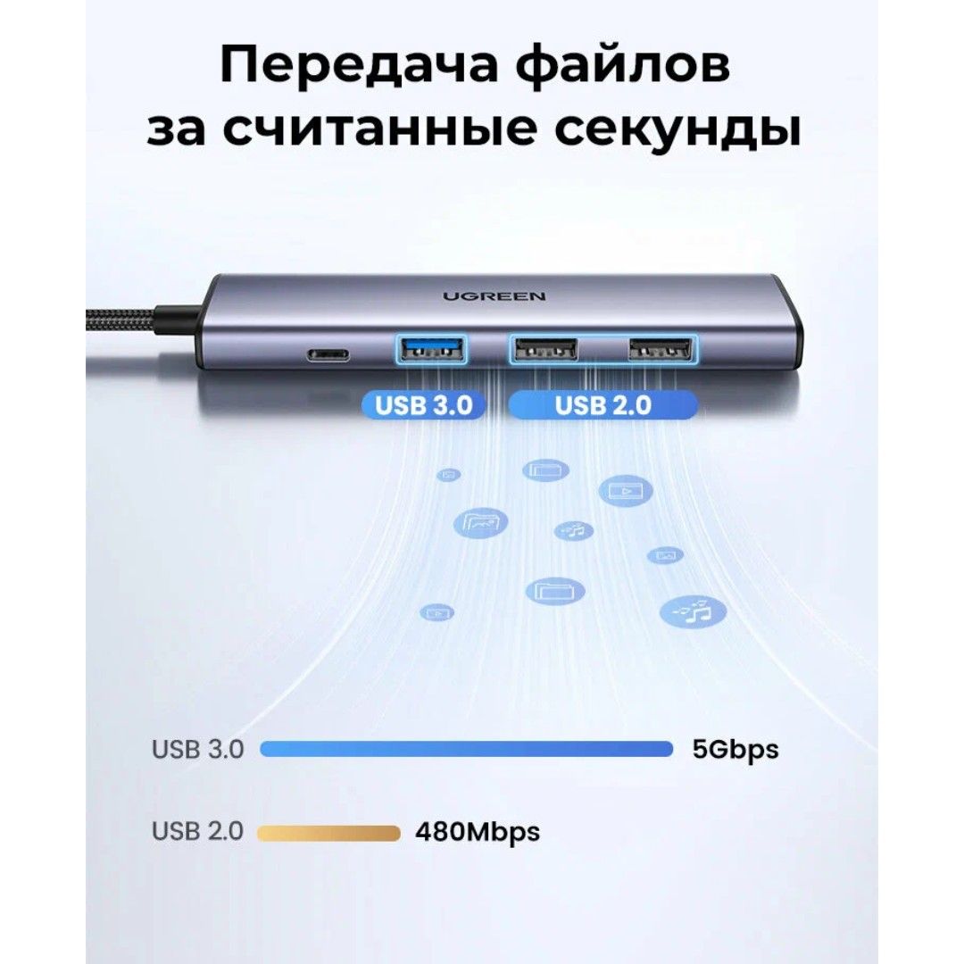 Док-станция Ugreen CM478 (15495), Type-C, HDMI, USB, 5 портов, серый / Интерфейсные кабели №3 oe.kz Док-станция Ugreen CM478 (15495), Type-C, HDMI, USB, 5 портов, серый / Интерфейсные кабели №3