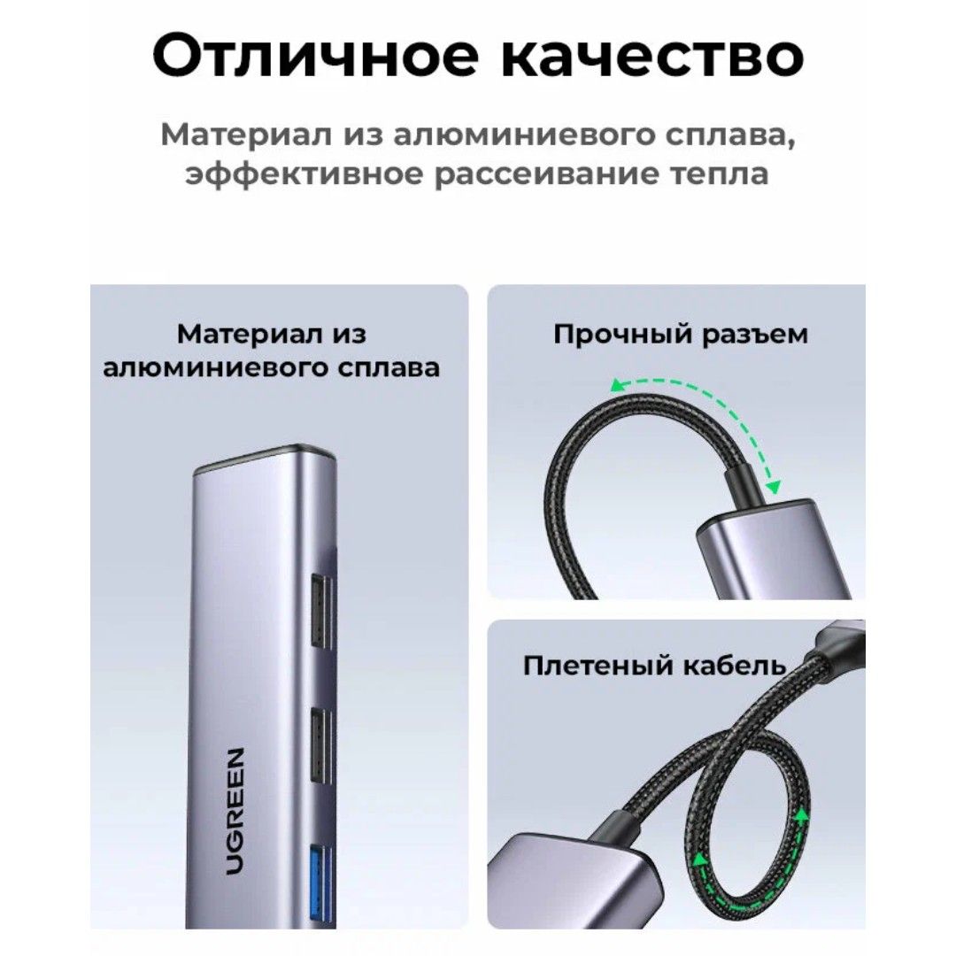 Док-станция Ugreen CM478 (15495), Type-C, HDMI, USB, 5 портов, серый / Интерфейсные кабели №5 oe.kz Док-станция Ugreen CM478 (15495), Type-C, HDMI, USB, 5 портов, серый / Интерфейсные кабели №5