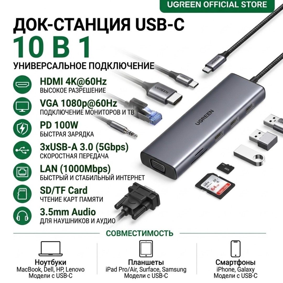 USB-хаб Ugreen CM498 (15601), Type-C, 10 портов, серый / Интерфейсные кабели №2 oe.kz USB-хаб Ugreen CM498 (15601), Type-C, 10 портов, серый / Интерфейсные кабели №2
